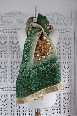 Green Beige Peacock Floral Matt Gold Patti New Bollywood Dupatta Shawl  Sku19133 • £22.99