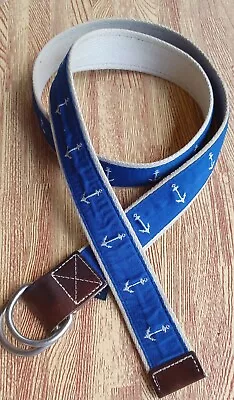 Daniel Cremieux Men 38  Blue & White Fabric Leather D Ring Belt Nautical Anchors • $19.99