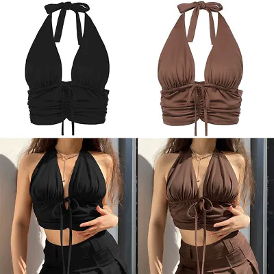 Womens Tie Back Halter Deep V-Neck Crop Top T Shirt Cropped Backless Sexy Tank • £7.99