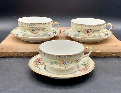 Jean Pouyat Limoges Wanamakers Porcelain Cups & Saucers - Set Of 3 - Antique • £19.91