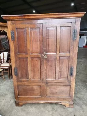 Antique 18thC Solid Oak Panelled Wardrobe Cupboard Linen Press • £595