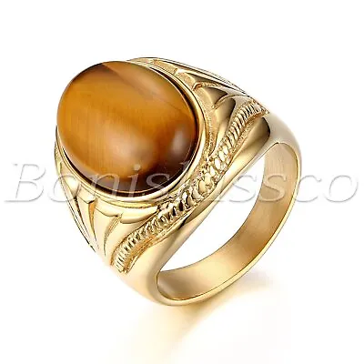 Men's Retro Gold Plated Stainless Steel Oval Tiger's Eye Stone Ring Band #7-13 • $9.99