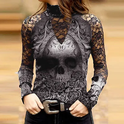 £11.55 • Buy Women Lace V Neck Top Long Sleeve Gothic Steampunk Ladies Shirt Blouse Pullover