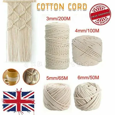 2/3/4/5/6mm Natural Cotton Rope Cord String Twisted Craft Macrame DIY Decoration • £8.99