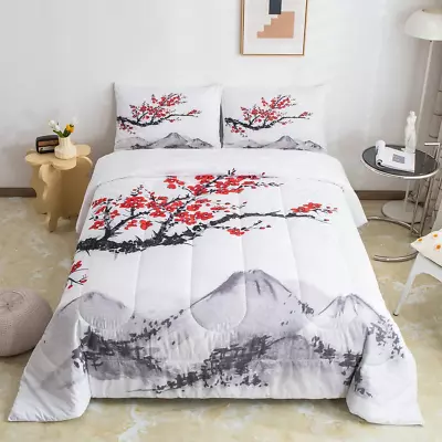 Japanese-Style Comforter Set Red Cherry Blossoms Printed Down ComforterAdult Wo • $76.99
