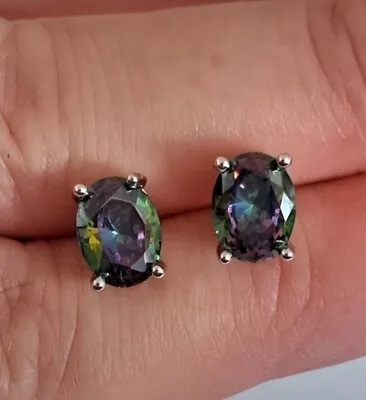 925 Sterling Silver Rainbow Mystic Topaz CZ Oval Stud Earrings. 2cts. BNWT • £7