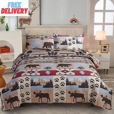 Rustic Quilt Queen/Full Size Lodge Cabin Bedding Set Moose Bear Bedspread Cover • $52.74