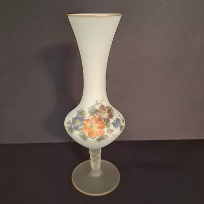 Vintage Norleans Frosted Glass Pedestal Bud Vase Hand Painted Primrose Flowers • $10.20