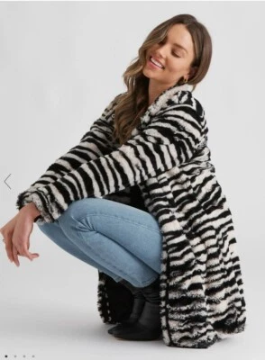 $20 • Buy Rockmans Teddy Jacket Coat Sz 16 Zebra Black White Stripe Fluffy Faux Fur $99
