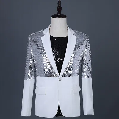 Mens Sequin Shiny Blazer Suit Jacket Lapel Collar Tuxedo Single Breasted Outwear • $52.71