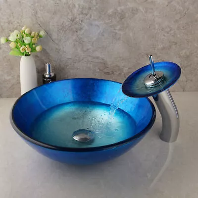 £139 • Buy Blue Bathroom Vessel Sink Round Tempered Glass Washing Bowl Waterfall Faucet Tap
