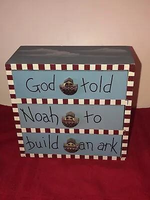 7x7 BLUE WOOD 3 DRAWER NOAHS ARK MINI CHEST NURSERY ORGANIZER DECOR • $9.99