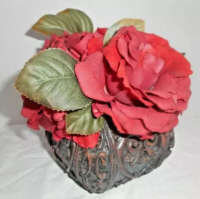 Red Roses Realistic Fabric Petals Target MARKET BAZAAR Scrollwork Brown Vase VTG • $22.79