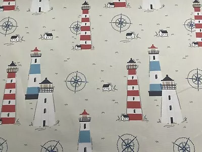 Lighthouse & Seaside Material Nautical Blue Cream Red Cotton Curtain Craft Blind • £2.99