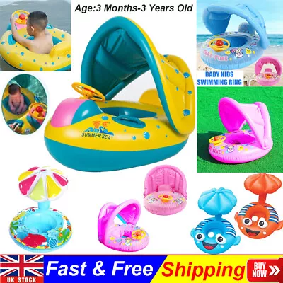 Inflatable Swimming Ring Baby Pool Float Boat With Canopy Sunshade Swim Circle • £8.54