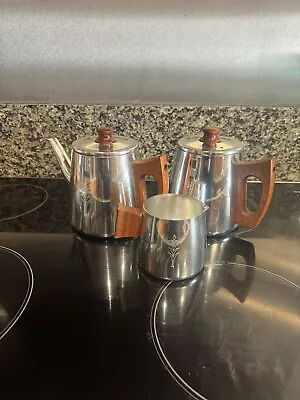 Vintage Sona Chrome  Tea Set -  Teapot Water Jug Teak Handles Milk Pot • £10