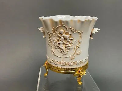 Vintage German Bisque Porcelain Footed Planter Cherubs Angels Gold Ruffled Edge • $32