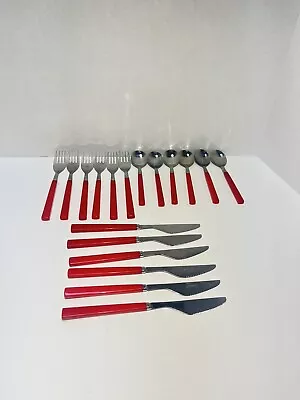 VTG Anacapa Red Flatware Plastic Handle Silverware Set 18 Pcs Stainless Steel! • $23.97