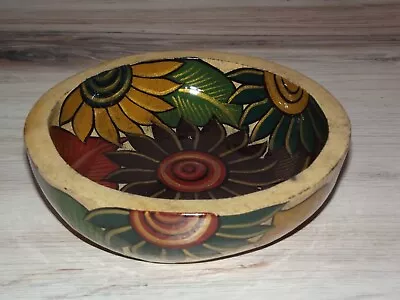 Lacquered Wood Bowl Folk Art Mexican Sunflowers Hand Painted • $10.19