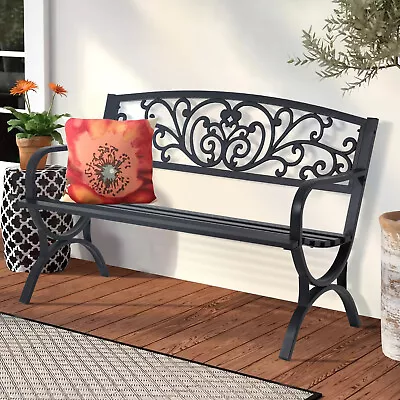 Patio Garden Bench 50 Inch Outdoor Metal Loveseat Chairs W/Armrests Slatted Seat • $98.99