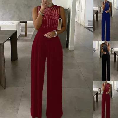 Womens Sequin Jumpsuit Ladies Sleeveless Wide Leg Formal Evening Party Playsuit • $37.39