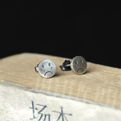 925 Sterling Silver Crying Face Ear Studs Bad Mood Earrings Vintage Retro Gothic • $11.02