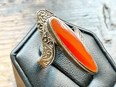 $49 • Buy Vintage Sterling 925 Ring Etched Design With Elongated Carnelian Agate Sz. 7