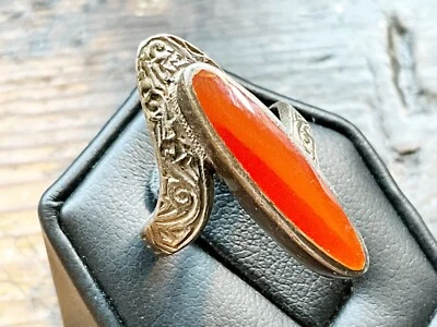 $49 • Buy Vintage Sterling 925 Ring Etched Design With Elongated Carnelian Agate Sz. 7