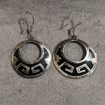 Vintage Mexican Black Enamel Sterling Silver Dangle Earrings Signed • $30