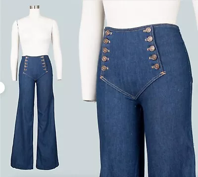 Vintage 1970s 70s Jeans Blue Denim Wide Leg Sailor Pants Chemin De Fer Style • $598