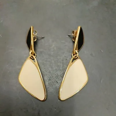 £15.73 • Buy Vintage Earrings 60's Enamel Off White And Black Triangle Gold Earrings