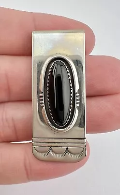 Vintage Navajo Sterling Silver Black Onyx Stamped Money Clip • $45.95