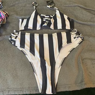 Zaful Forever Young Bikini Size Large 8 NWT B3 Black White Stripe Beach Vacay • $12