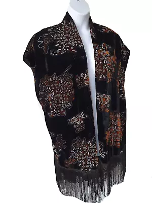 £25 • Buy TopShop Festival Fringe Kimono 14 16 Loose Oversize Floral Devore Black Velvet