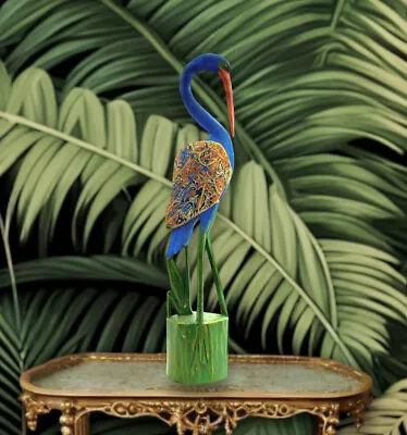 $156.80 • Buy Bird Figurine Blue Crane Hand Carved Wood Heron  Tall Statue Vintage Decor