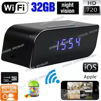 Wireless WIFI Alarm Clock Camera 32GB Night Vision LIVE VIEW Mobile App • $149