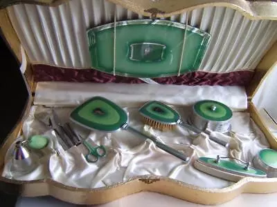 Vintage Green Enameled Pereline Art Deco Vanity Set W/ Box • $49.99