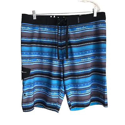 Maui And Sons Men's Board Shorts Size 36 Striped Blue 4 Way Stretch Black Shark • $12.71