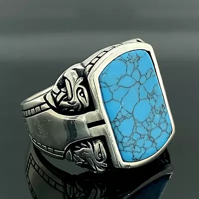 Men Handmade Eagle Turquoise Stone Silver Ring  Natural Turquoise Gemstone Ring • $75