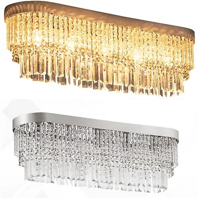 Large Ceiling Chandelier Crystal Hang Raindrops Rectangular Silver Floating Lamp • £75.90