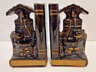 Wishing Well Bookends Vintage Japan Black Gold Well  Pencil Holder Porcelain • £12.35