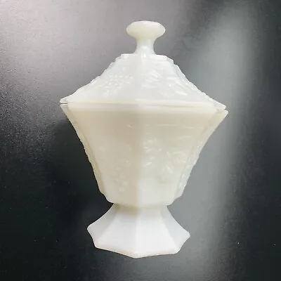 Vintage White Milk Glass Grape Pattern Pedestal Fruit/Candy Bowl Footed Octagon • $17.23