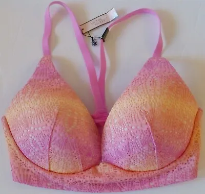 NWT Body By Victoria Secret Ombré Mermaid Lace Plunge Racerback Bra 32DD Pink/Or • $24.95