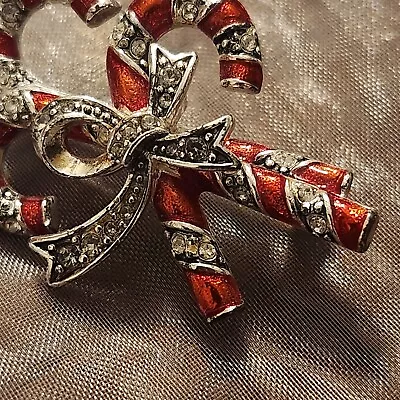 MONET Jeweled & Enamel Candy Canes Bow Brooch Silver-Tone Christmas Pin Vintage • $16.95