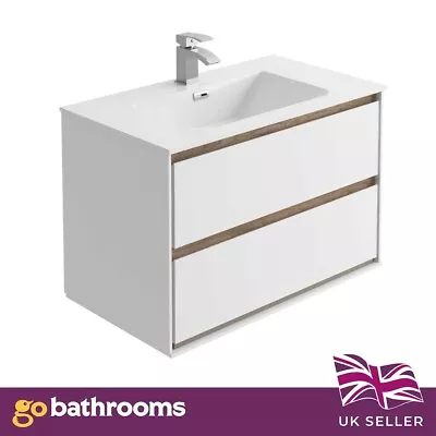 Matt White & Oak Effect Bathroom Wall Hung Vanity Sink Unit Resin Basin 80cm • £369.77