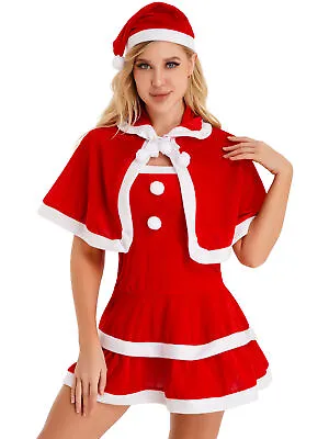 Women's Christmas Xmas Mrs Santa Claus Costume Velet Dress With Cape Hat Outfit • $5.39