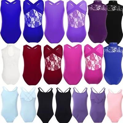 Kids Girls Ballet Dance Leotard Lace Back Jumpsuit Bosysuit Sleeveless Dancewear • £7.82