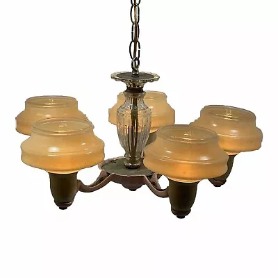 Vintage Art Deco 5 Arm Metal Cast Iron Chandelier Custard Glass Pink • $157.50