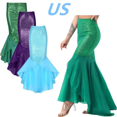 US Women Sequined Long Mermaid Tail Maxi Skirt Halloween Cosplay Fancy Dress • $21.47