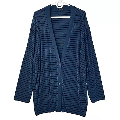 Vikki Vi Womens Slinky Knit Stretchy Cardigan Size 3X Blue Stripes Travel Casual • $29.99